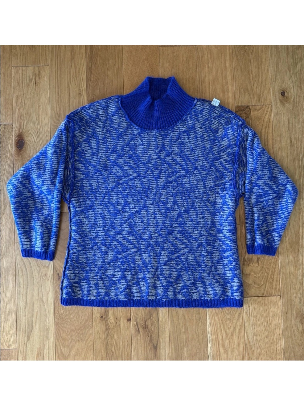 Benetton Blue & Gray Mohair Blend Mockneck Boxy Pullover Sweater Italy Size LG - Picture 9 of 12